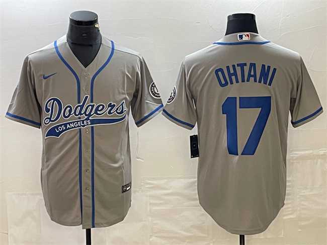 Men%27s Los Angeles Dodgers #17 Shohei Ohtani Gray Cool Base With Patch Stitched Baseball Jersey1